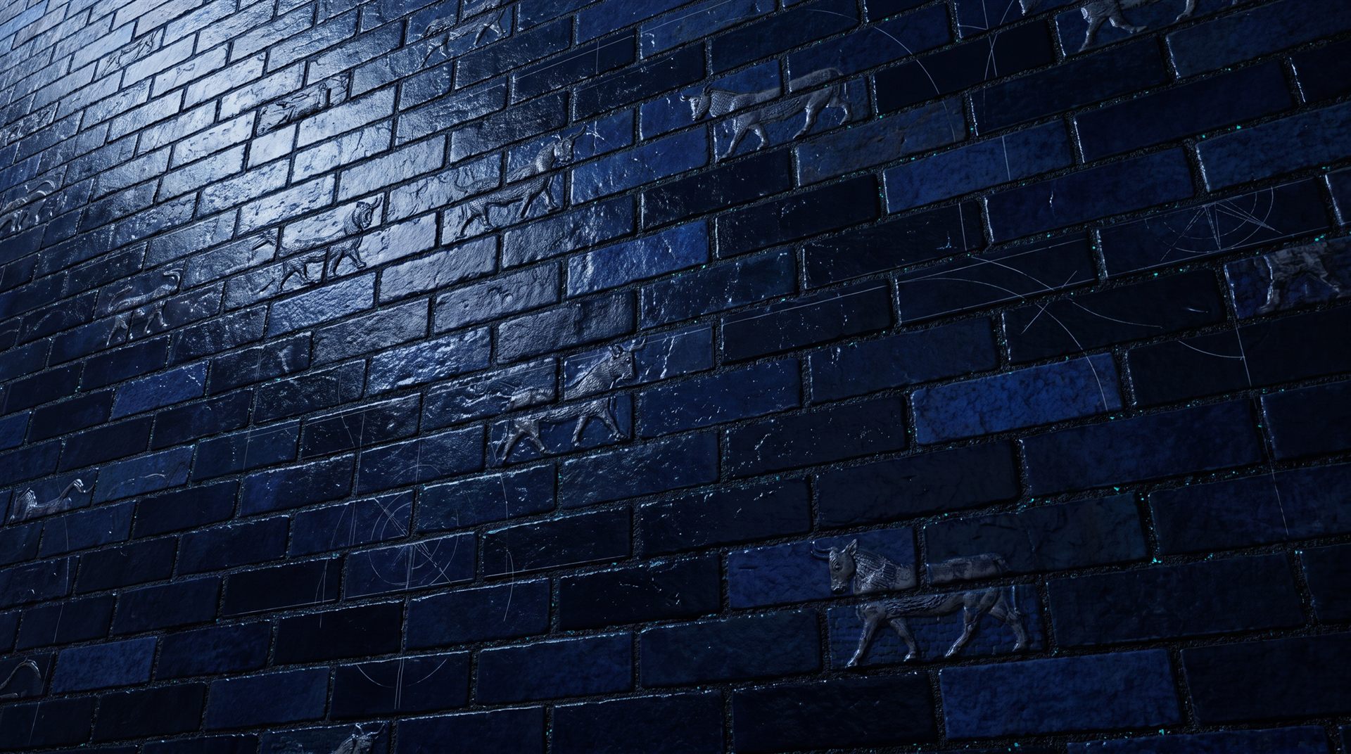 Glazed brick wall in deep lapis — the Ishtar Gate's brickwork at night, faint survey lines etched across the surface