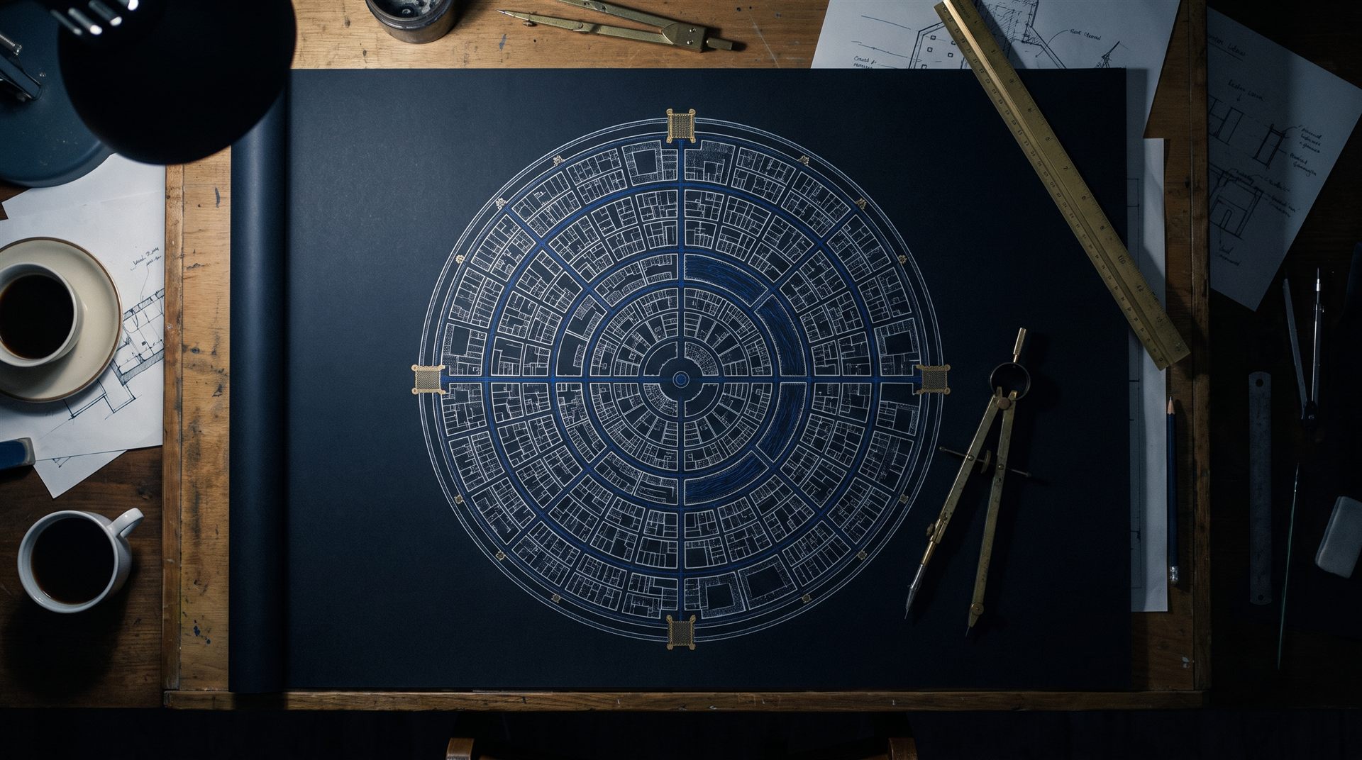 Drafting table at night — the circular plan of the Round City inked in lapis and white, brass compass and ruler resting on the sheet