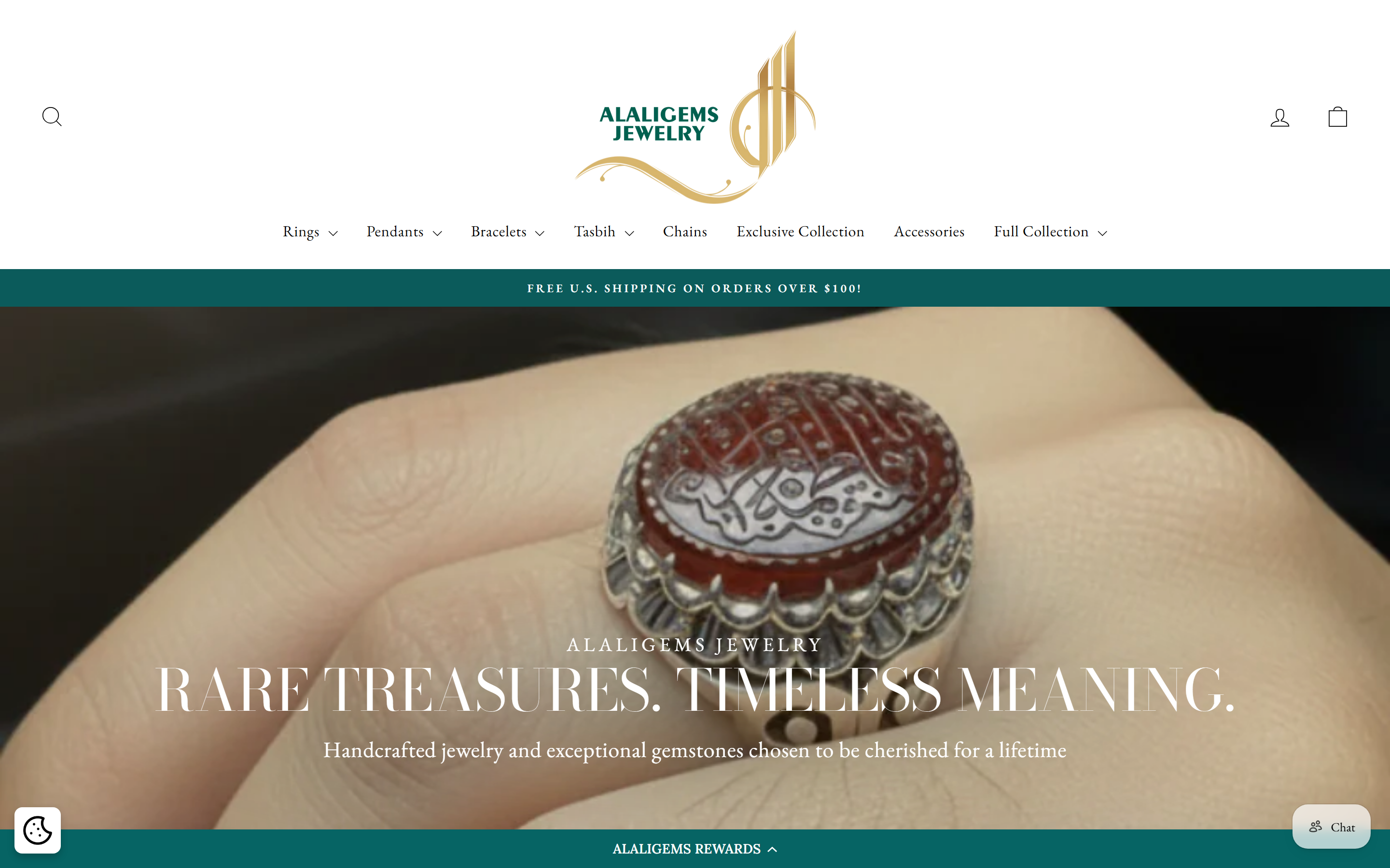 AlAliGems Jewelry — live storefront: hand-carved aqeeq ring, photographed on Ali’s own hand